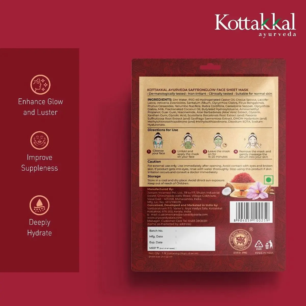 Saffronglow - Face Sheet Mask - KOTTAKKAL ARYA VAIDYASALA